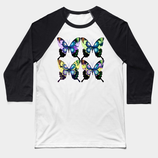 Exquisite Colorful Morpho Butterflies in Graphic Design Baseball T-Shirt by Nisuris Art